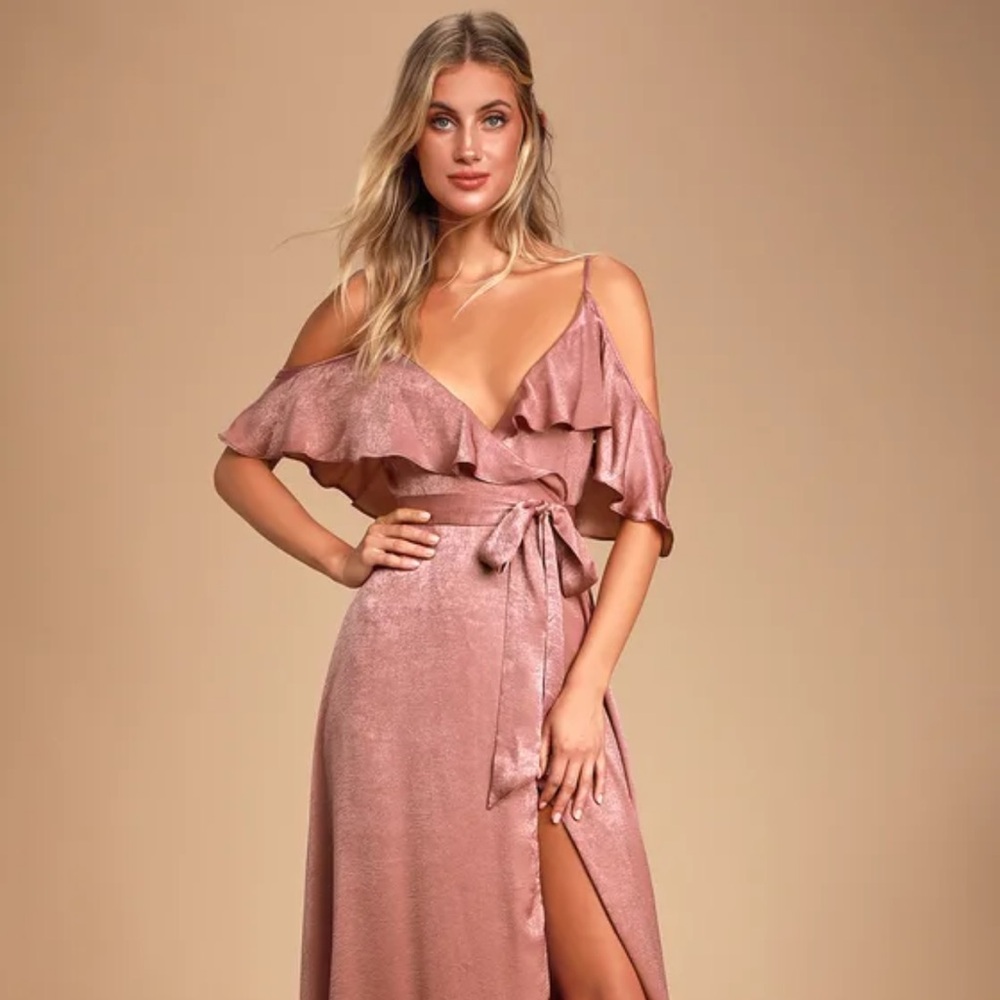 Lulus Rose Satin Shoulder Wrap Dress Moriah